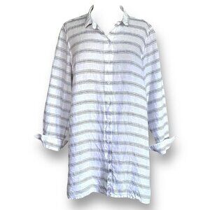 Garnet Hill Womens Easy Linen Tunic Top Sz PL Large Petite White Stripe Coastal
